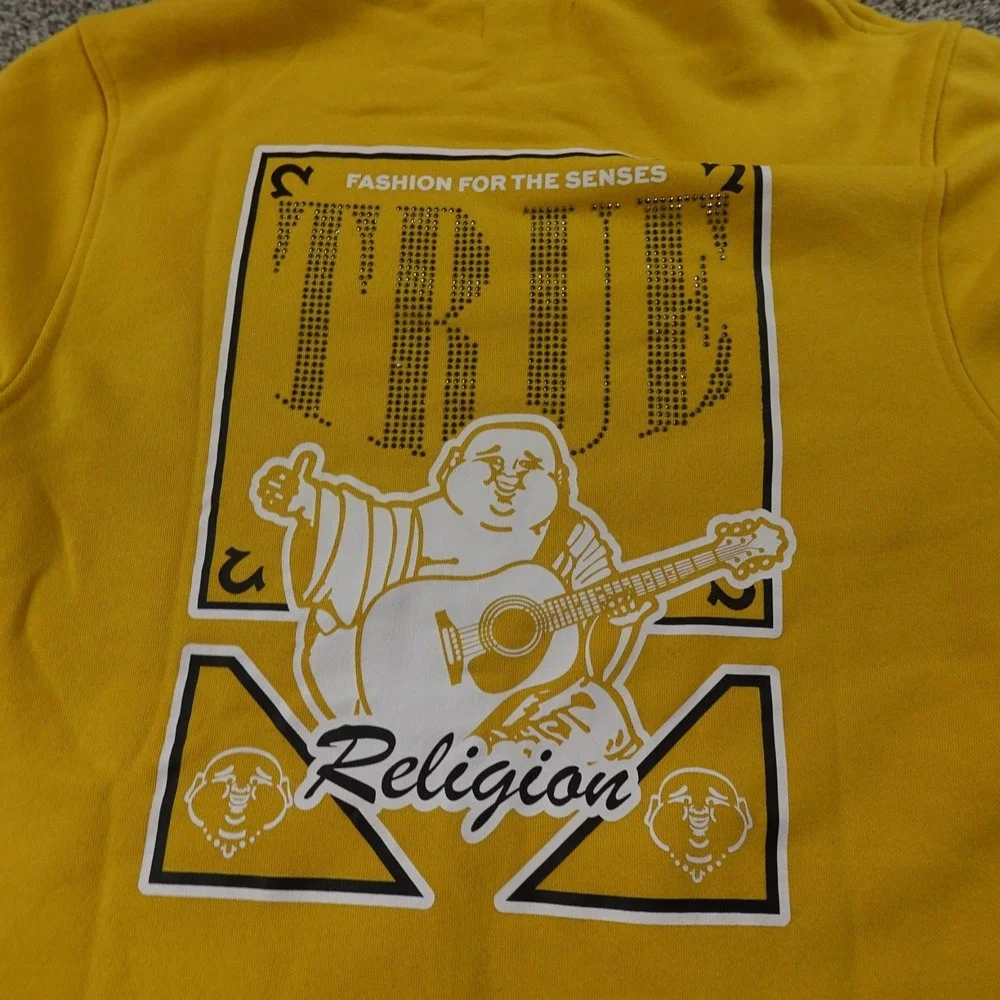 NEW True Religion Hoodie Mens L Yellow Buddha Full Zip Sweatshirt Sweater Jacket